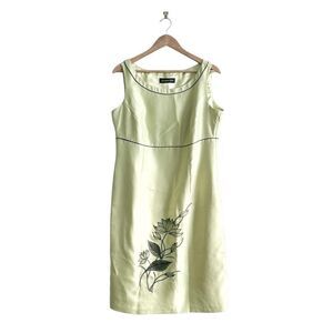 Jacques Vert Sheath Dress Green Black Embroidered Women's 14 Sleeveless